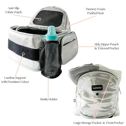 Tushbaby The Original Premium Quality Hip Seat Carrier – Safety-Certified Baby & Toddler Carrier with Secure Safety Buckles, No-Flimsy-Foam Design, Storage Pockets & Nursing Pillow. 0–3 yrs