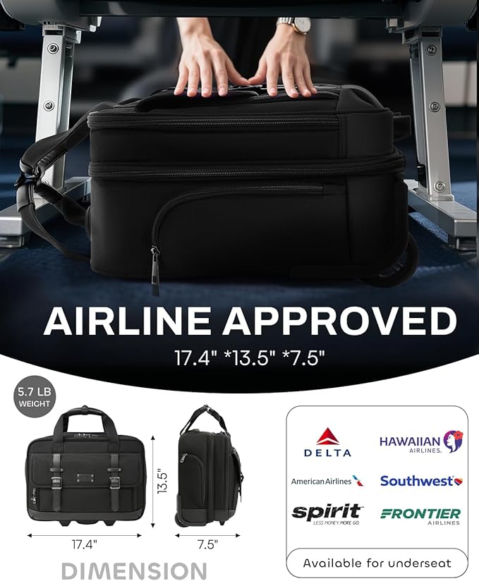 Rolling Laptop Bag, Briefcase for Men and Women, 17 Inch Computer Bag with Wheels Underseat Carry on Luggage, Laptop Briefcase Case for Work, Travel, College Teacher, Mobile Office Bag, Black