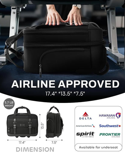 Rolling Laptop Bag, Briefcase for Men and Women, 17 Inch Computer Bag with Wheels Underseat Carry on Luggage, Laptop Briefcase Case for Work, Travel, College Teacher, Mobile Office Bag, Black