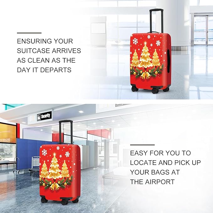 Golden Christmas Trees Luggage Cover - Sparkling Trees with Bells and Holly on Red Background, Elegant Holiday Design Stretchable Suitcase Protector for 32 34 Inch Travel Bags