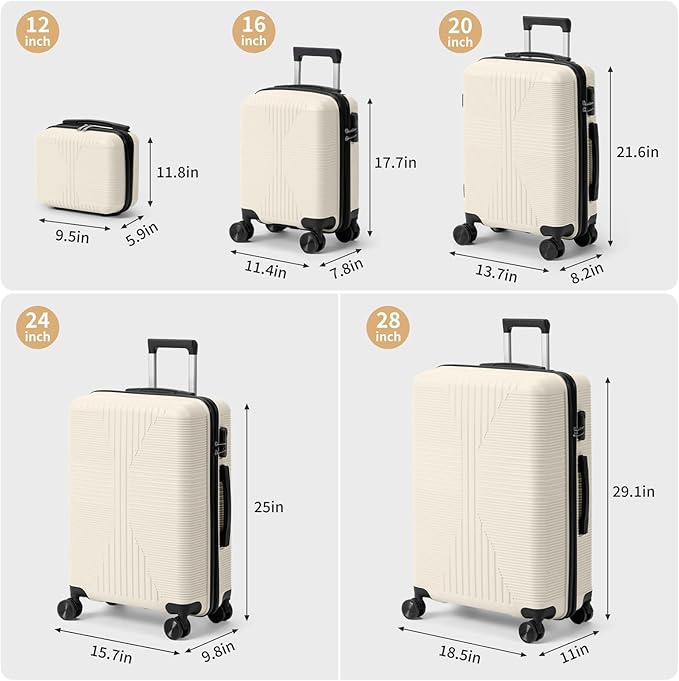 Karl home Luggage Sets 5 Piece, PP Hard Case Suitcase Set with Built-in Lock Spinner Wheels, Lightweight Durable Carry on Luggage for Business Travel - White (12/16/20/24/28")