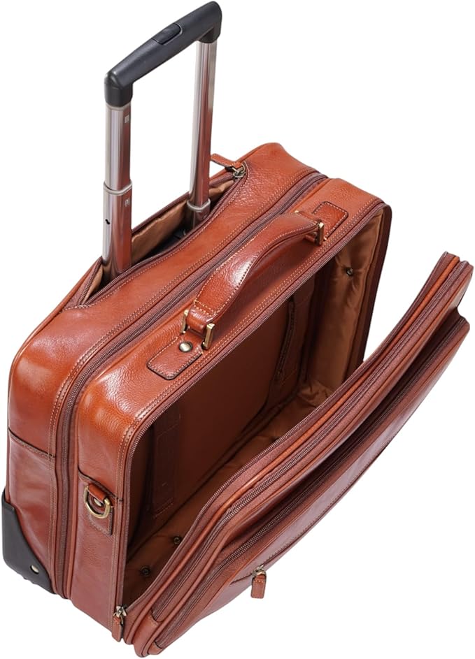 Genuine Leather Wheeled Laptop Briefcase – Tan Rolling Cabin Flight Pilot Bag for Men – 29L Travel Carry-On Case with Adjustable Strap, Trolley Wheels, and Antique Brass Hardware