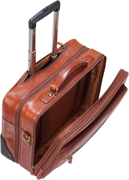 Genuine Leather Wheeled Laptop Briefcase – Tan Rolling Cabin Flight Pilot Bag for Men – 29L Travel Carry-On Case with Adjustable Strap, Trolley Wheels, and Antique Brass Hardware