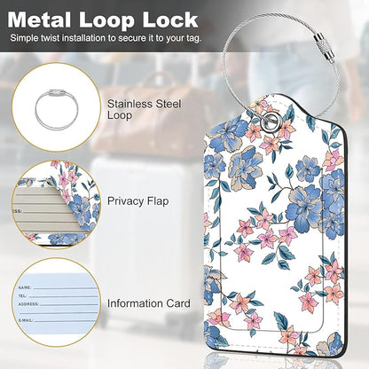 2Pack Luggage Tags for Suitcases, Cute Unique Pu Leather Cruise Luggage Tag with Privacy Cover ID Label Address Card and Metal Ring Suitable for Women Men Kids Travel Bag Blue Pink Flowers