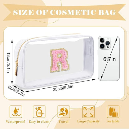 Personalized Initial Letter Clear Makeup Bag,Preppy Small Nylon&PVC Cosmetic Zipper Bag with Chenille Letter,Travel Skincare Toiletry Bag,Monogram Christmas Gift for Teen Girls Women,R