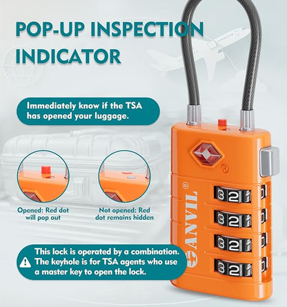ANVIL 4 Digit Luggage Locks, TSA Locks for Luggage, Advanced TSA008 core, Alert Indicator for Your Travel Lock, Suitcase Lock. (3, Orange)