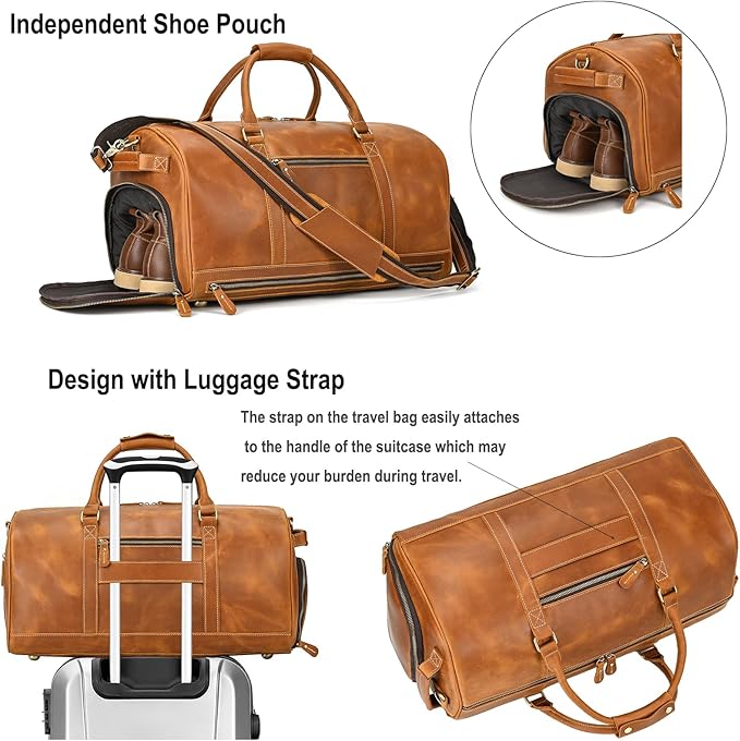 Full-grain Leather Travel Bag Large Capacity Duffel Luggage Bag with Shoe Compartment, Men Weekend Overnight Bag for Business Holiday Trip, Light Brown