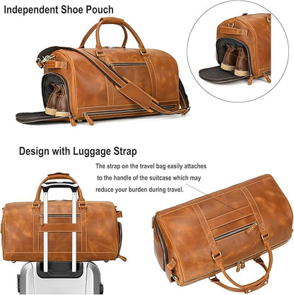 Full-grain Leather Travel Bag Large Capacity Duffel Luggage Bag with Shoe Compartment, Men Weekend Overnight Bag for Business Holiday Trip, Light Brown