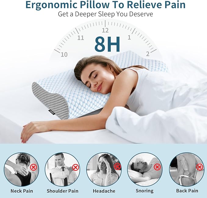 Cervical Neck Pillow for Pain Relief, Contour Memory Foam Pillows for Sleeping, Odorless Ergonomic Pillow Adjustable Orthopedic Cooling Pillow Bed Pillow Neck Support for Side Back Stomach Sleepers