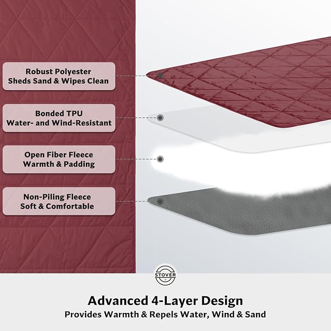 STOVER Large Waterproof Outdoor Stadium Blanket- Extra Thick Soft Fleece Camping Blanket for Travel, Picnics, Sports, Dogs 79"x55", Warm, Windproof, Sand-Proof, Lightweight, Packable (Varsity Crimson)