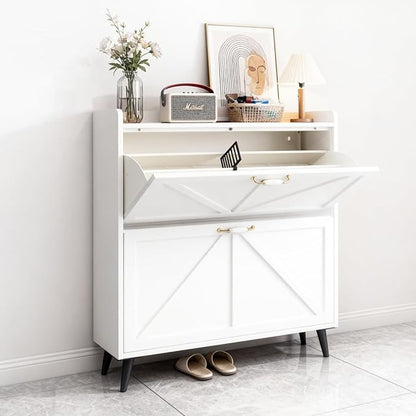 Shoe Storage Cabinet for Entryway with 2 Flip Drawers, Narrow Metal Shoe Cabinet with Anti-Tip, Holds 12-16 Pairs, Freestanding Shoes Cabinets Storage for Entryway, Foyer, Hallway (White)