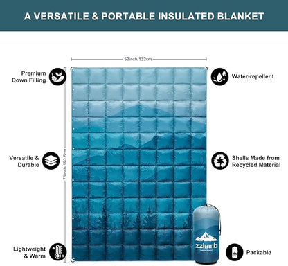 zzlamb Puffy Down Camping Blanket Water-Repellent, Down Throw Travel Blanket Portable for Outdoor, Light Warm Quilt for Couch Plane Car Theater Stadium Picnic RV Backpacking Hammock