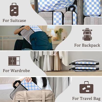 U+U 8 Set Compression Packing Cubes - Ultralight Travel Organizers with Laundry Bag and Cosmetic Bag, Space-Saving Suitcase Organizer for Travel, Business Trip and Family Vacation (Blue Checkered)