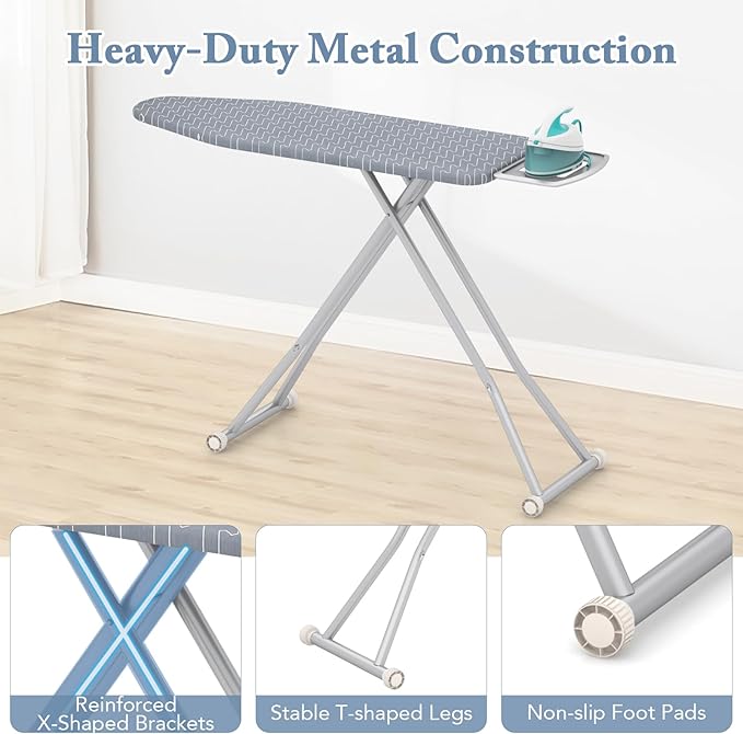 COSTWAY Ironing Board Full Size, 55” x 15” Foldable Iron Stand with Iron Rest, 7 Adjustable Heights & Removable Cover, Heavy-Duty Steel Frame, Portable Ironing Table for Small Place Home Laundry Room
