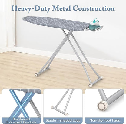 COSTWAY Ironing Board Full Size, 55” x 15” Foldable Iron Stand with Iron Rest, 7 Adjustable Heights & Removable Cover, Heavy-Duty Steel Frame, Portable Ironing Table for Small Place Home Laundry Room