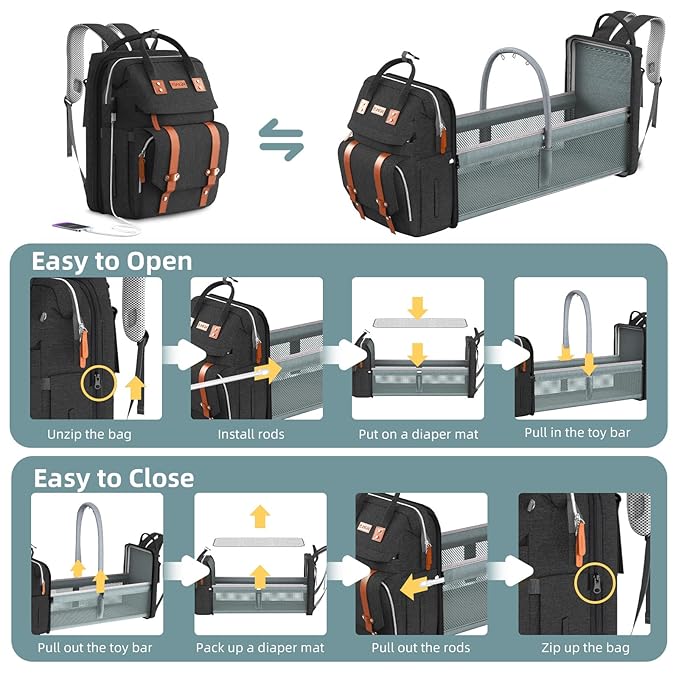 Diaper Bag Backpack with Changing Station, Large Diaper Bag, Baby Bag, Multifunctional Diaper Bag, Black
