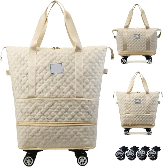 Rolling Duffle Bag with Wheels and Handle, Expandable Foldable Luggage Bag Beige