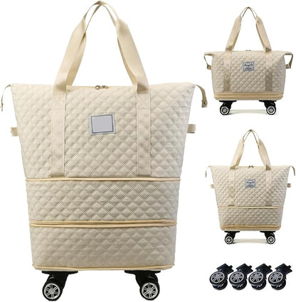 Rolling Duffle Bag with Wheels and Handle, Expandable Foldable Luggage Bag Beige