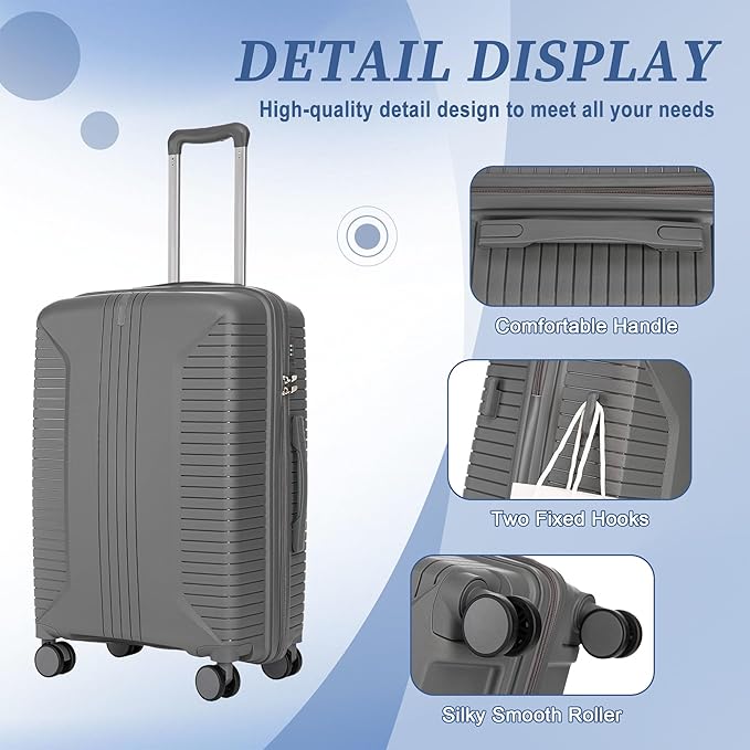 Campfun 3 Piece Luggage Sets, PP Suitcase Set with Double Spinner Wheels Hang Hook, Durable Carry On Luggage with Combination Lock, 20/24/28 inch, Grey