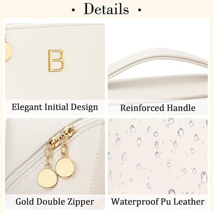 Birthday Gifts for Women Teen Girl, Personalized Initial Makeup Organizer Bag Set, Open Flat Travel Cosmetic Bag With Clear Divider and Handle(Beige,B)