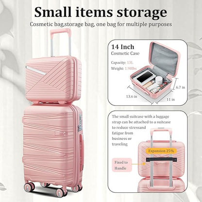 4-Piece Expandable Hardshell Luggage Set with TSA Lock (14/20/24/28) - Lightweight PP Suitcases, 360° Silent Spinner Wheels and Durable 100LB Handle for Air Travel (Pink)