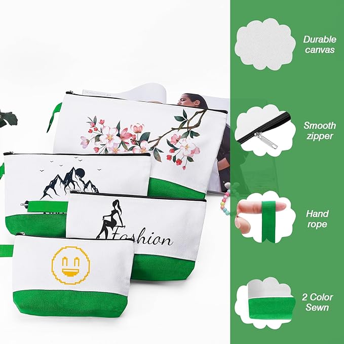 10 Pieces Cotton Canvas Makeup Bag with Bottom and Strap, Multi-Purpose Cosmetic Bag with Zipper Travel Toiletry Pouch, Blank DIY Craft Bag (White&Green, L)