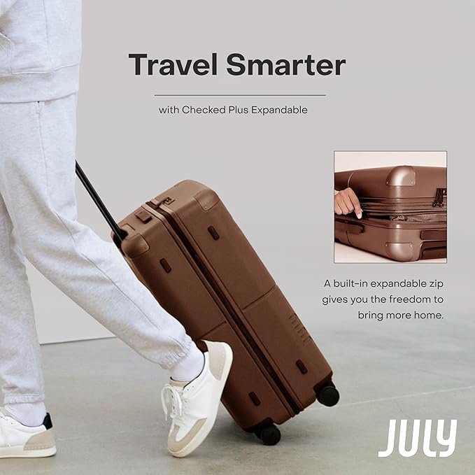 Checked Plus Expandable - 28.75" Airline Approved Check In Luggage with Wheels, Rolling Suitcase for Men & Women - TSA Lock, Silent Spinner Wheels, Expansion Zip, Y-Strap - Dark Brown