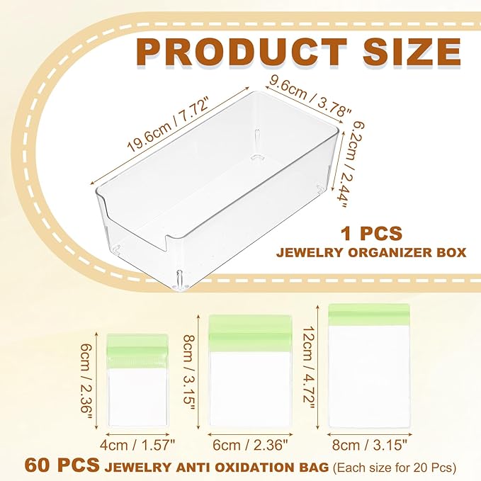 PATIKIL Clear Jewelry Box, Organizer Holder Box with 60 Pcs Portable Anti Tarnish Jewelry Bags, Travel Case for Women Earrings Rings Necklaces Bracelets, Green 3 Size