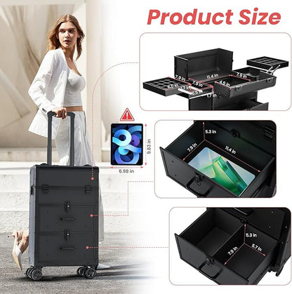 Large Rolling Makeup Train Case, Professional Travel Cosmetology Case on Wheels with Drawers, 3 Tiers Nail Organizers Storage Case for Nail Tech, Tattoo, Hairstylist, Makeup, Extra Large