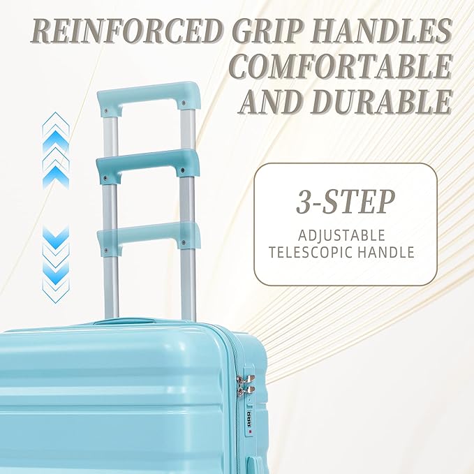 Campfun 3 Piece Luggage Sets, ABS Suitcase Set with Double Spinner Wheels Hang Hook, Durable Carry On Luggage with Combination Lock, 20/24/28 inch, Blue