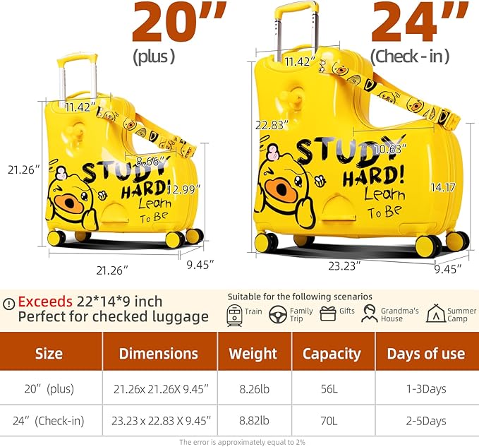 Kids' Lightweight Ride on Luggage with Spinner Wheels & Foldabe Design (Yellow Study, 20"+ Aged 1-3 Toddler),Birthday Gift