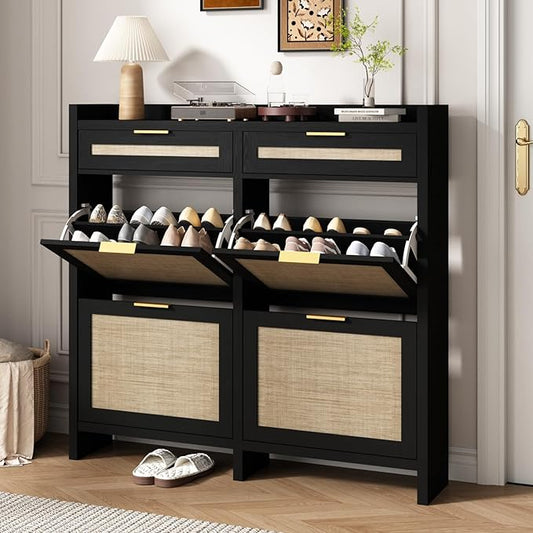 Large Rattan Shoe Storage Cabinet with 4 Flip Drawers & 2 Storage Drawers – Hidden Slim Shoe Organizer for Entryway, Large Tabletop Space, Farmhouse Boho Narrow Shoe Rack, Rustic Black