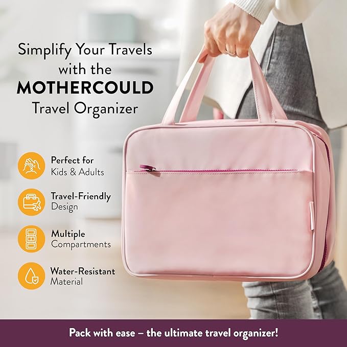 Kids Travel Organizer – Multi-Compartment, Water-Resistant Hanging Bag for Toys, Snacks, & Activities - Compact, Lightweight Design with Hook & Carry Handle - Perfect for Travel Use (Pink, Large)