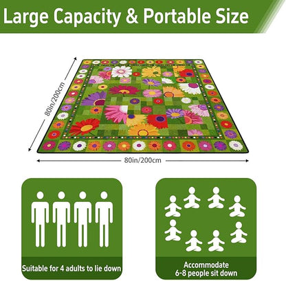 Extra Large Picnic Outdoor Blanket 80''x80'' Green Flower Waterproof and Sandproof Picnic Mat for Beach Foldable Camping Accessories for Grass Lawn Park