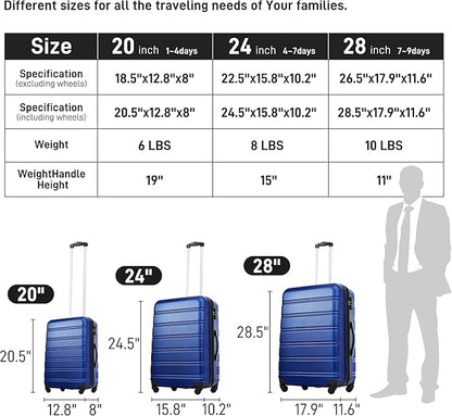 Merax Luggage Sets 3 Piece Hardside Expandable Suitcase with Spinner Wheels,Durable Lightweight Luggage with TSA Lock, Large Travel Luggage Set(Blue-1,20+24+28 inches)