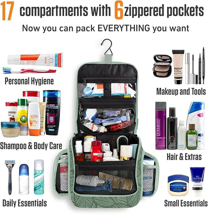 VENTURE 4TH Hanging Travel Toiletry Bag for Women & Men – Large Toiletry Organizer with 17 Compartments, Removable TSA Pouch, Travel Wash Bag for Toiletries, Makeup & Shaving Kit (Green Leaves)