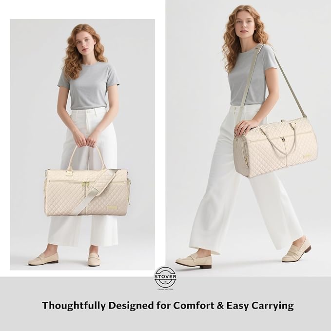 STOVER Women’s Convertible Garment Duffel Bag for Travel – 2-in-1 Carry-On Weekender/Overnight Tote - Wrinkle-Free Dresses, Hanging Suits & Clothes + Shoe Compartment & Bonus Toiletry Bag (Cream)