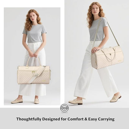 STOVER Women’s Convertible Garment Duffel Bag for Travel – 2-in-1 Carry-On Weekender/Overnight Tote - Wrinkle-Free Dresses, Hanging Suits & Clothes + Shoe Compartment & Bonus Toiletry Bag (Cream)