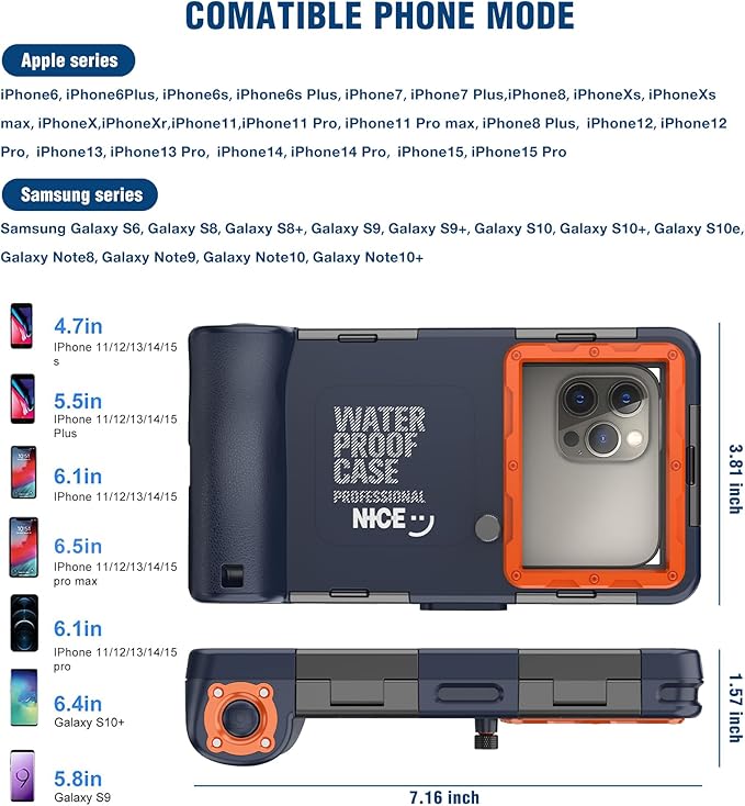 2026Underwater Snorkeling Diving Phone Case for iPhone 16/15/14/13/12/ Pro Max Galaxy S24/S23/S22.[50ft/15m] Professional Scuba Dive Waterproof Case Underwater Photo Video Cover Orange