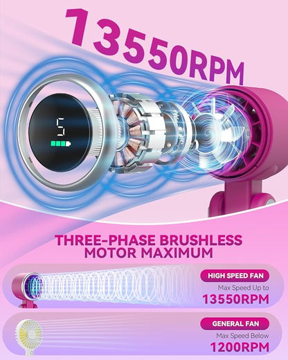 Portable Handheld Turbo Fan, 5-Speed Personal Fans, 5000mAh Rechargeable Fans Up to 12 Hours, Weight only 0.6lb Small Fan, Hand/Neck/Desk Fan 3 IN 1, Beach Vacation Essentials(Magenta)