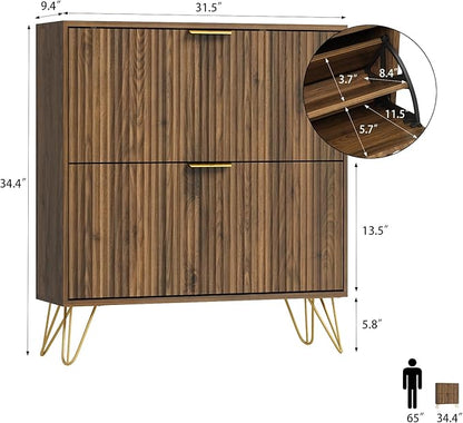 Shoe Storage Cabinet with 2 Flip Drawers, 31.5" W Fluted Shoe Cabinet for Entryway, Hidden Shoe Cabinet Storage, Narrow Free Standing Shoe Orgnaizer Rack Cabinet for Foyer Hallway, Natural