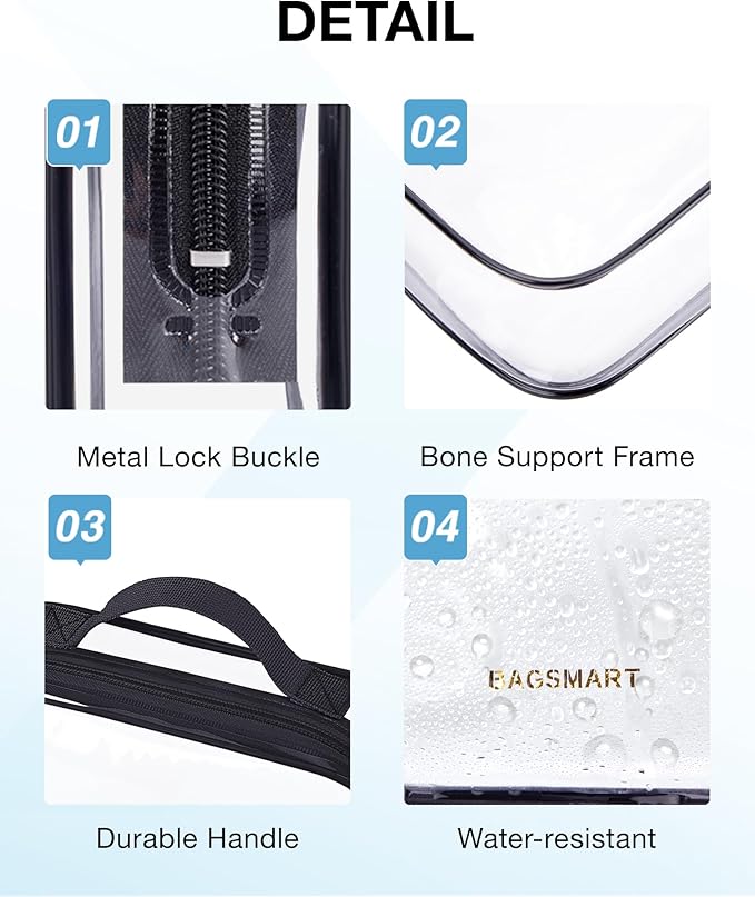 BAGSMART Clear Toiletry Bag, TSA Approved Travel Toiletry Bag Carry On Travel Accessories Bag Airport Airline Quart Size Bags water-resistant Makeup Bag for Women