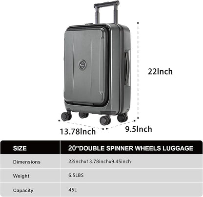 Carry On Luggage with Front Pocket & USB Port, PC Hardside 20 Inch luggage with Spinner Wheels & Built-in TSA Lock, Durable Lightweight Rolling Suitcase, Carry-On 20-Inch, Gray