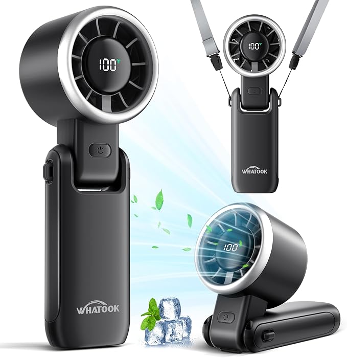 WHATOOK Portable Fan Rechargeable Mini Fans: Hand Fan with Air Turbo Tech, 4000mAh and 5 Speeds Led Display, 3 IN 1 Foldable Small Personal Fans for Travel, Outdoor, Working, Shopping (Black)