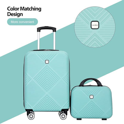 2 Piece Carry on Luggage Set, Airline Approved 20 Inch Luggage with Cosmetic Case Hard Shell Suitcase with Spinner Wheels, Aqua Blue