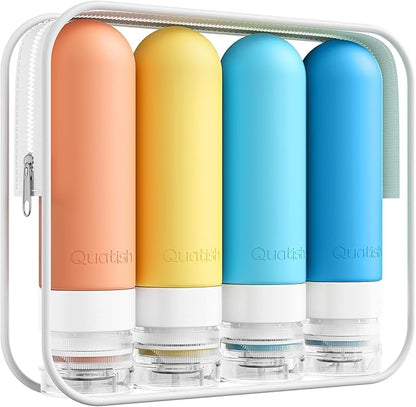 Quatish Travel Bottles for Toiletries, Original Patented Leak Proof Travel Size Containers, 3 oz Tsa Approved Silicone Shampoo and Conditioner Bottles, 4 Pack, Multi-ColorB