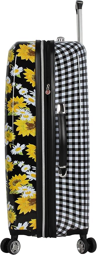 Betsey Johnson 26 Inch Checked Luggage Collection - Expandable Scratch Resistant (ABS + PC) Hardside Suitcase - Designer Lightweight Bag with 8-Rolling Spinner Wheels (Sunflower)