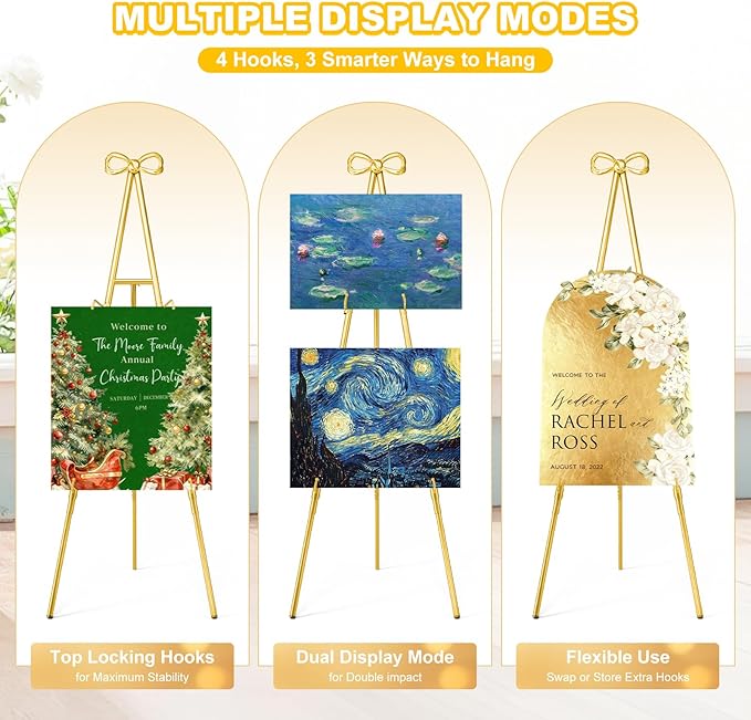 Interchangeable Bow & Star Top Gold Easel Stand for Sign, 62"–47" Height Adjustable Heavy Duty Wedding Easel Stand with 3 Display Modes — Perfect for Welcome Signs, Christmas Decor, Parties & Events