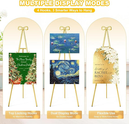 Interchangeable Bow & Star Top Gold Easel Stand for Sign, 62"–47" Height Adjustable Heavy Duty Wedding Easel Stand with 3 Display Modes — Perfect for Welcome Signs, Christmas Decor, Parties & Events