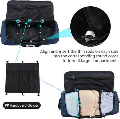 110L Expandable to 140L 32” Foldable Oxford Soft-Sided Rolling Duffle Bag with 2 Heavy-Duty Wheels,3 Large Compartments,Adjustable Shoulder Strap and Attached Organizer Pouch,Navy Blue